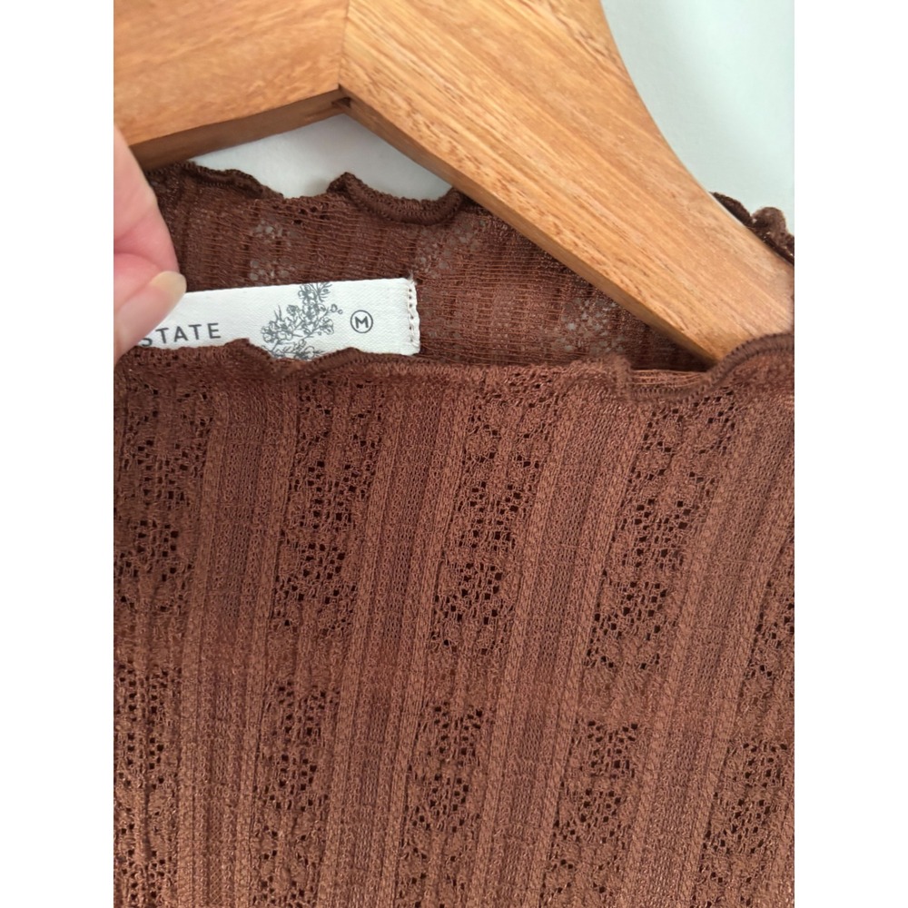 Altar'd State Brown Pointelle Lace Mock Neck Bell Sleeve Top cottagecore NWT M - Picture 4 of 11